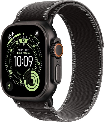 Apple Watch Ultra 3 49 мм, корпус из черного титана, ремешок Trail черного цвета, размер S/M